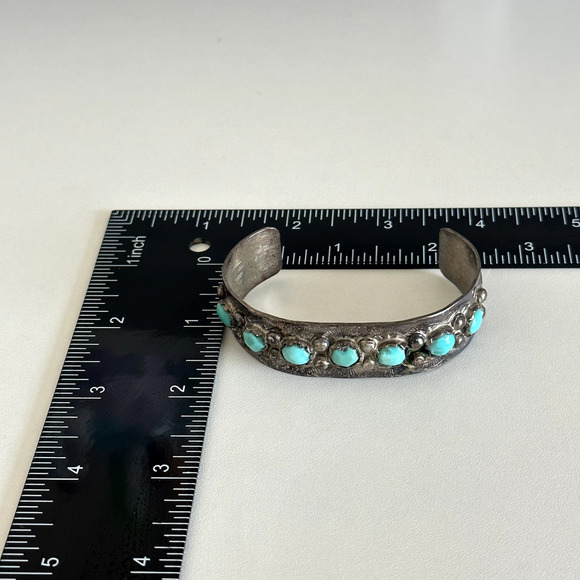 Vintage 925 Sterling Silver Turquoise Native American Etched Cuff Bracelet 6.5" - Picture 7 of 11
